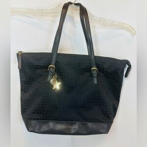 Tommy Hilfiger Black Signature Logo Tote Shoulder Bag w/ Gold Tone Purse Charm